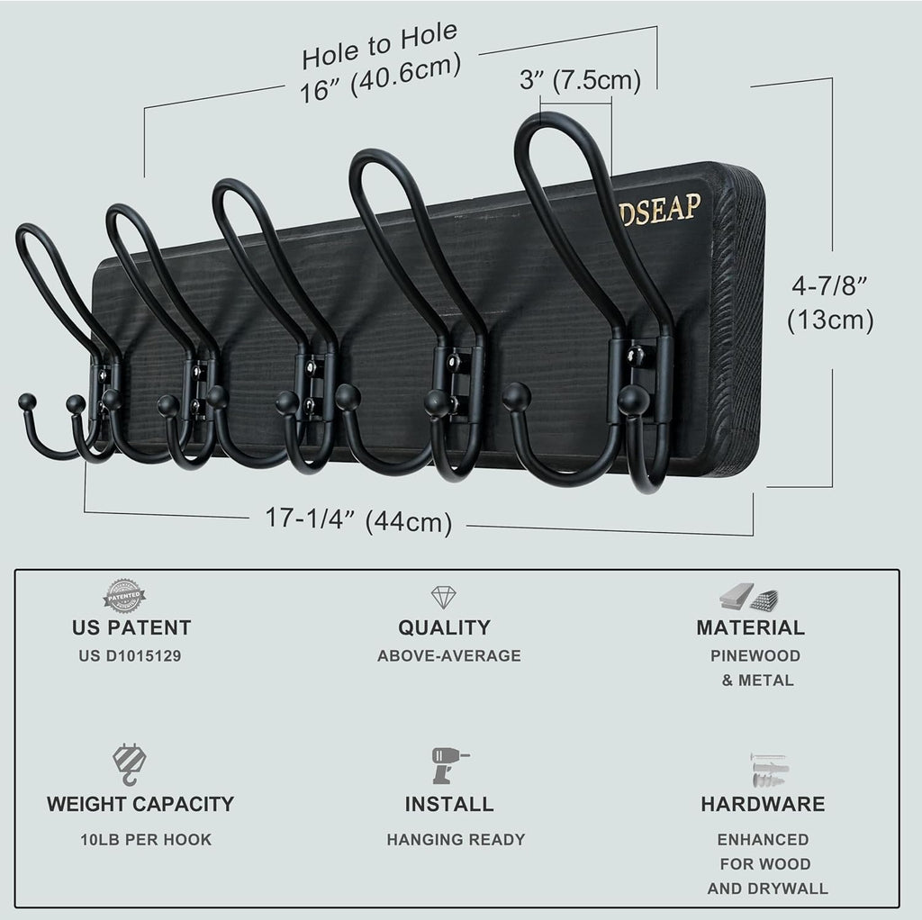 Dseap Coat Rack Wall Mounted - Heavy Duty Farmhouse Rustic Wall Coat Hanger with 5 Wire Hooks for Clothes Hat Jacket Towel, RusticWire, J1-5A, Black, Pack of 2