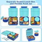 Bento Lunch Box with 8oz Soup Thermo, Kids Leakproof Lunch Food Containers with 4 Compartment, Kids Thermo Insulated Hot Food Jar for School, Trvael（Blue