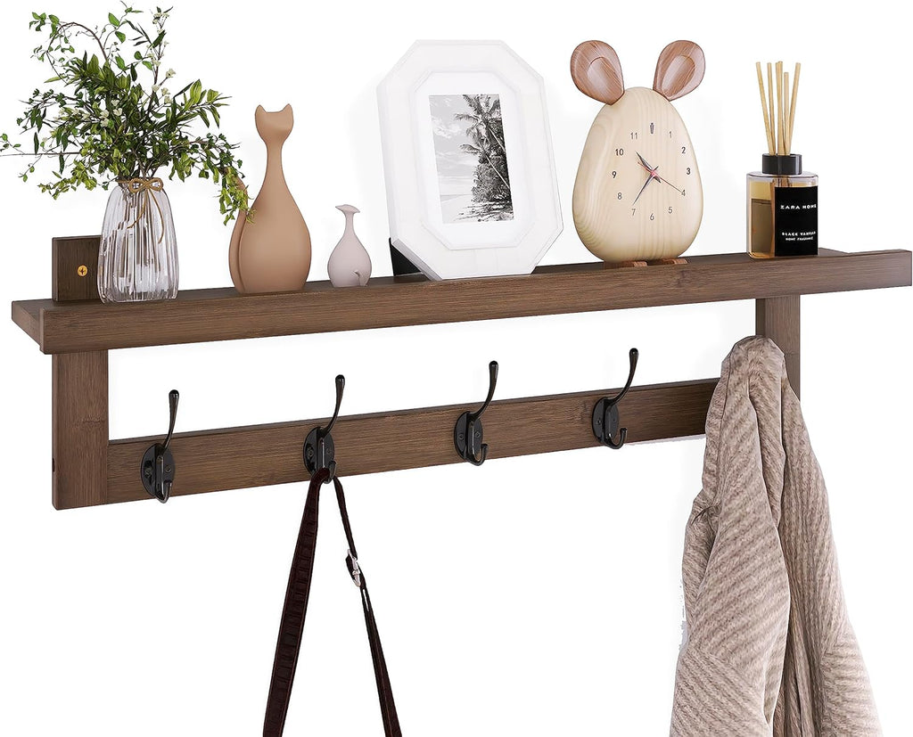 SMIBUY Coat Hooks with Shelf Wall-Mounted, 29.2 Inch Entryway Coat Rack for Wall, Bamboo Hanging Shelf with 5 Double Metal Hooks for Bathroom, Bedroom, Kitchen, Living Room, Mudroom (Walnut)