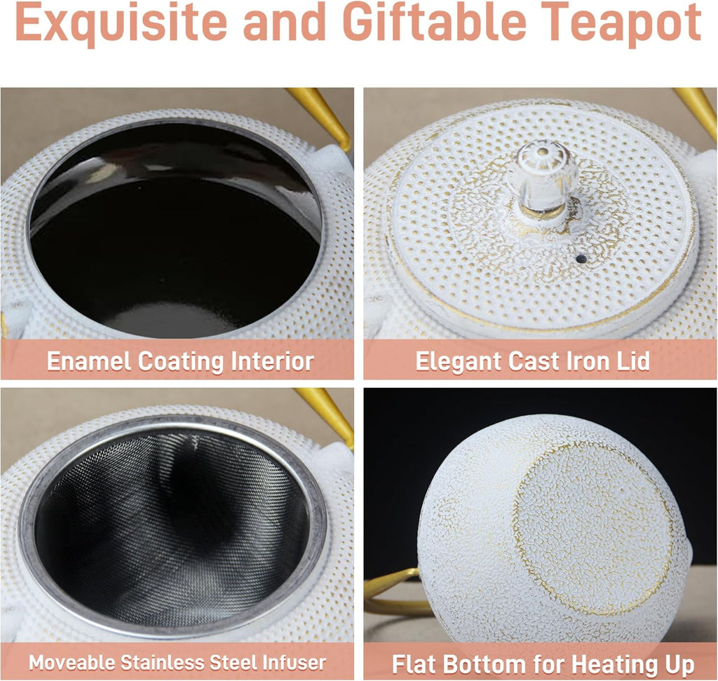 Japanese Tetsubin Cast Iron Teapot Tea Kettle pot with Stainless Steel Infuser for Stovetop Safe Coated with Enameled Interior (White, 1200ml)