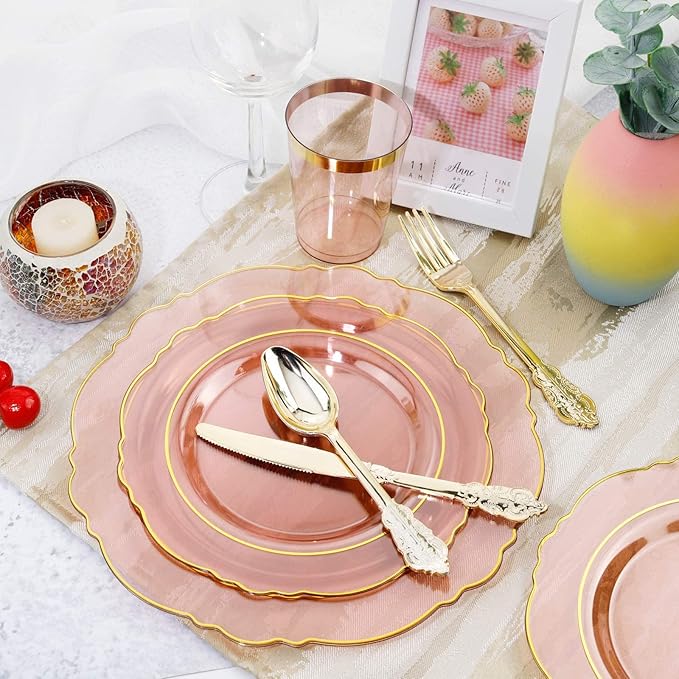 KIRE 210Pcs Clear Pink Plastic Plates with Gold Rim - Disposable Gold Silverware &Pink Cups&Hand Napkin - Plum Colored Plastic Dinnerware for Upscale Wedding
