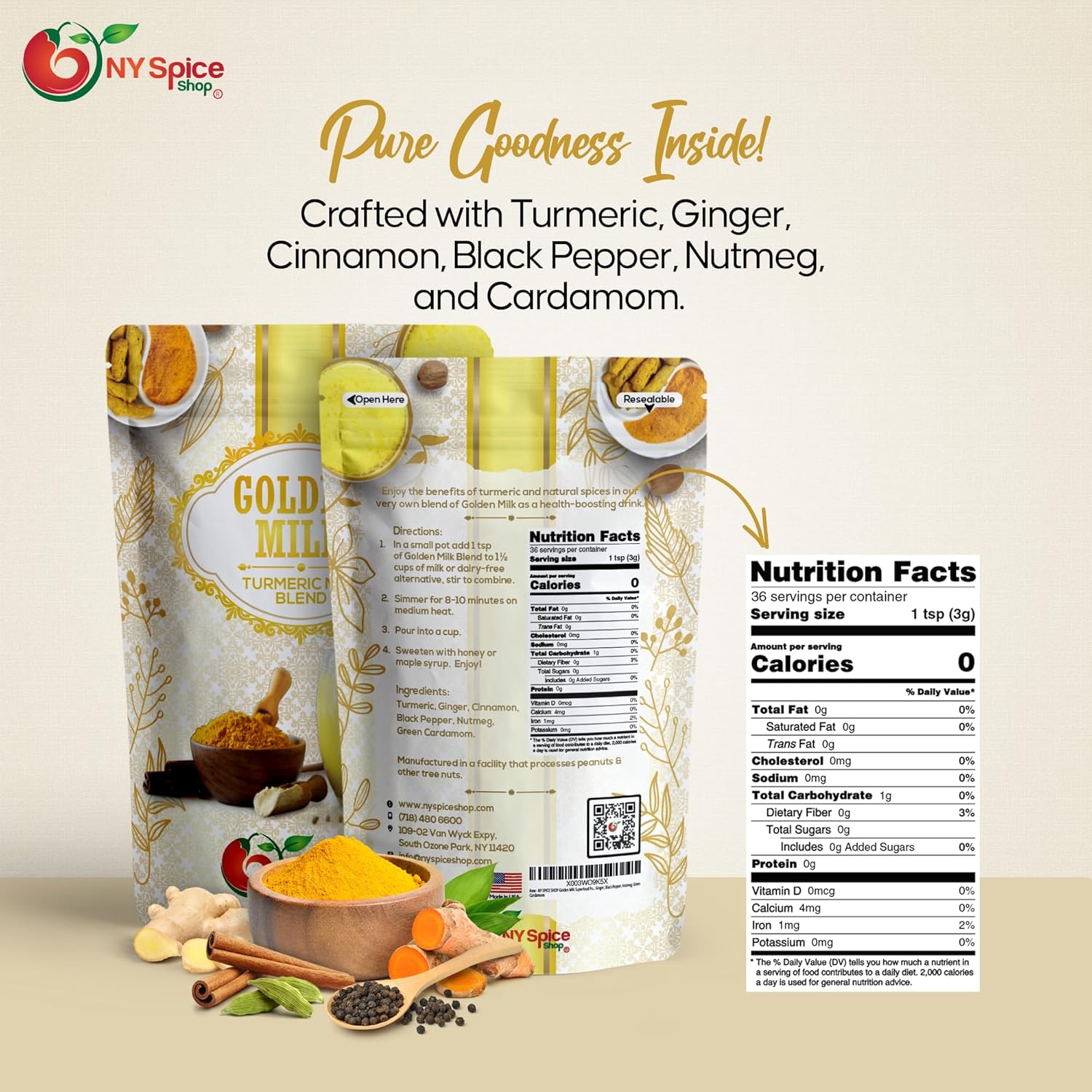 NY SPICE SHOP Golden Milk Superfood Powder – 4 Oz (Ounce) Instant Latte Mix Superfood with Turmeric - Superfood Blend of Turmeric, Cinnamon, Ginger, Black Pepper, Nutmeg, Green Cardamom