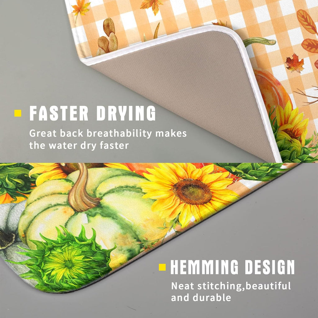 Autumn Maple Leaf Orange White Check Plaids Dish Drying Mat for Kitchen Counter,Fall Sunflower Pumpkin Drying Mat 16 x 18 Inch with Absorbent Reversible Microfiber Dish Drying Pad for Coffee Bar