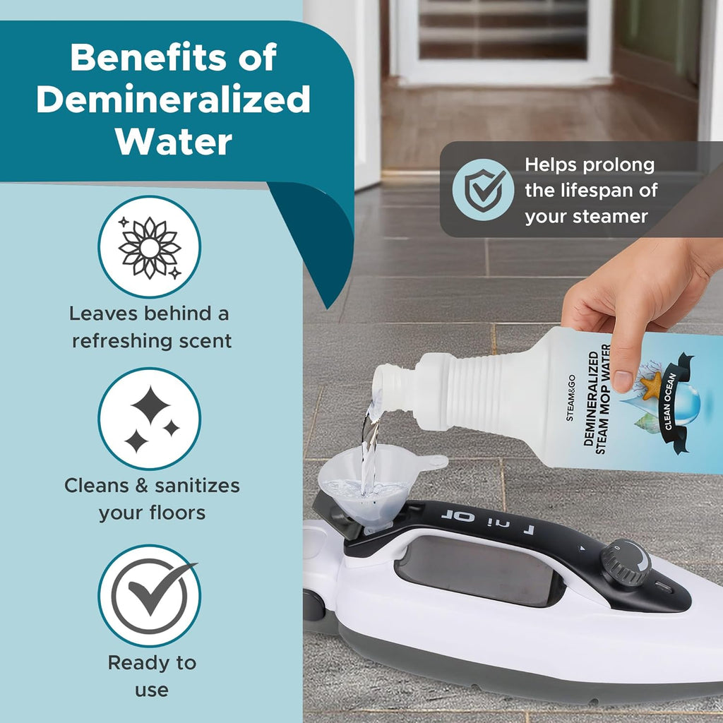 Steam & Go Demineralized Water - Multisurface Cleaner, PVC-Free Ready-to-Use for Mops & Floor Steamers - Ideal for Kitchen, Bathroom, & Home Surfaces - Clean Ocean Scent - 32oz (Pack of 6)