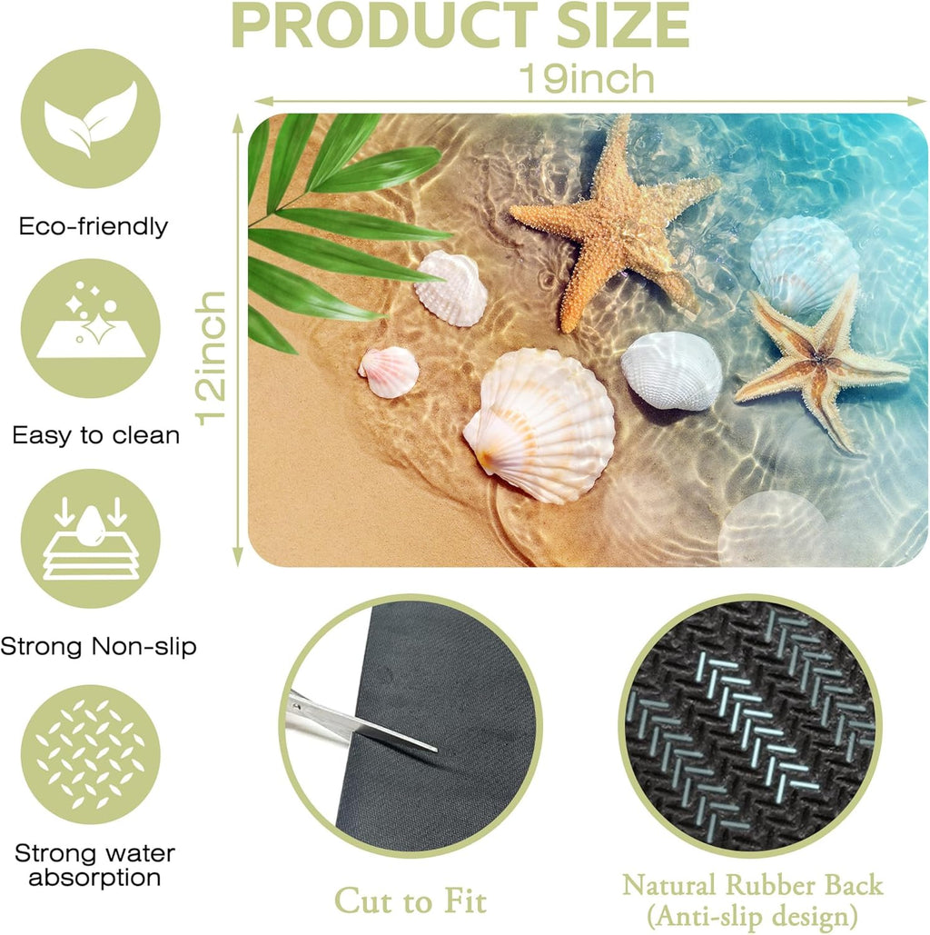 Dish Drying Mat Summer Beach Starfish Seashell Kitchen Mat 12"x19" Bsorbent Coffee Maker Mat for Dishes,Utensils Coffee Maker Pots and Pans Easy Clean Dish Slip Resistant Pad