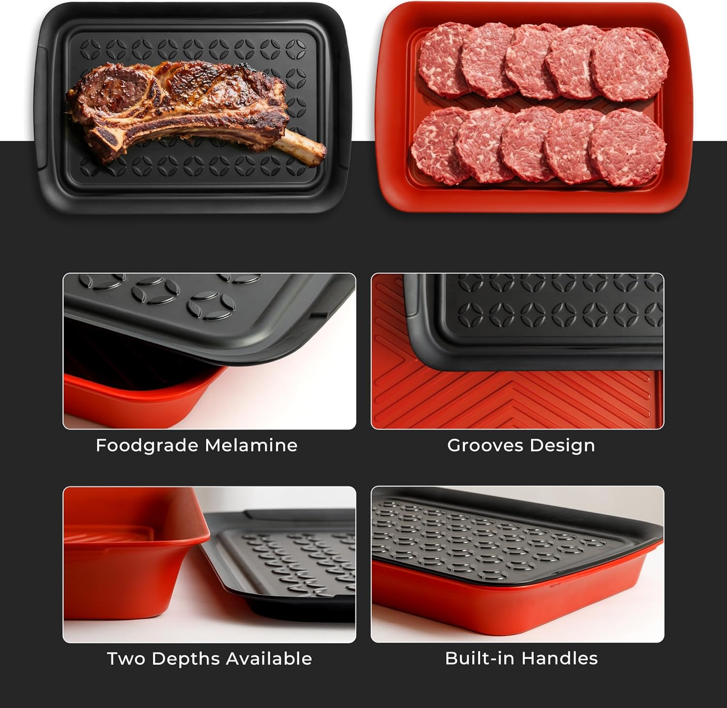 TP Grill Prep and Serving Tray, Deep BBQ Tray for Meat Marinating and Food Plating, Melamine Serving Platters Set of 2, Black and Red
