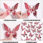 SAOROPEB 3D Butterfly Wall Decor - 48 Pcs, 4 Styles, 3 Sizes - Removable Stickers (Blood Red) for Birthday & Party Celebrations