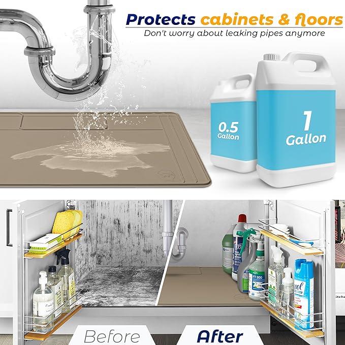 The Original Under Sink Mat - Adjustable Silicone mat, Waterproof Under The Sink Bathroom Vanity Mat - 28" x 19" or smaller