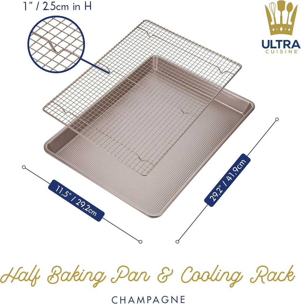 Ultra Cuisine Wire Rack Baking Sheet Pan Set - Half Sheet Pan Set with 100% Stainless Wire Rack - Dishwasher Safe - Steel Reinforced Rim - Aluminum Cooling racks for Cooking and Baking - Champagne