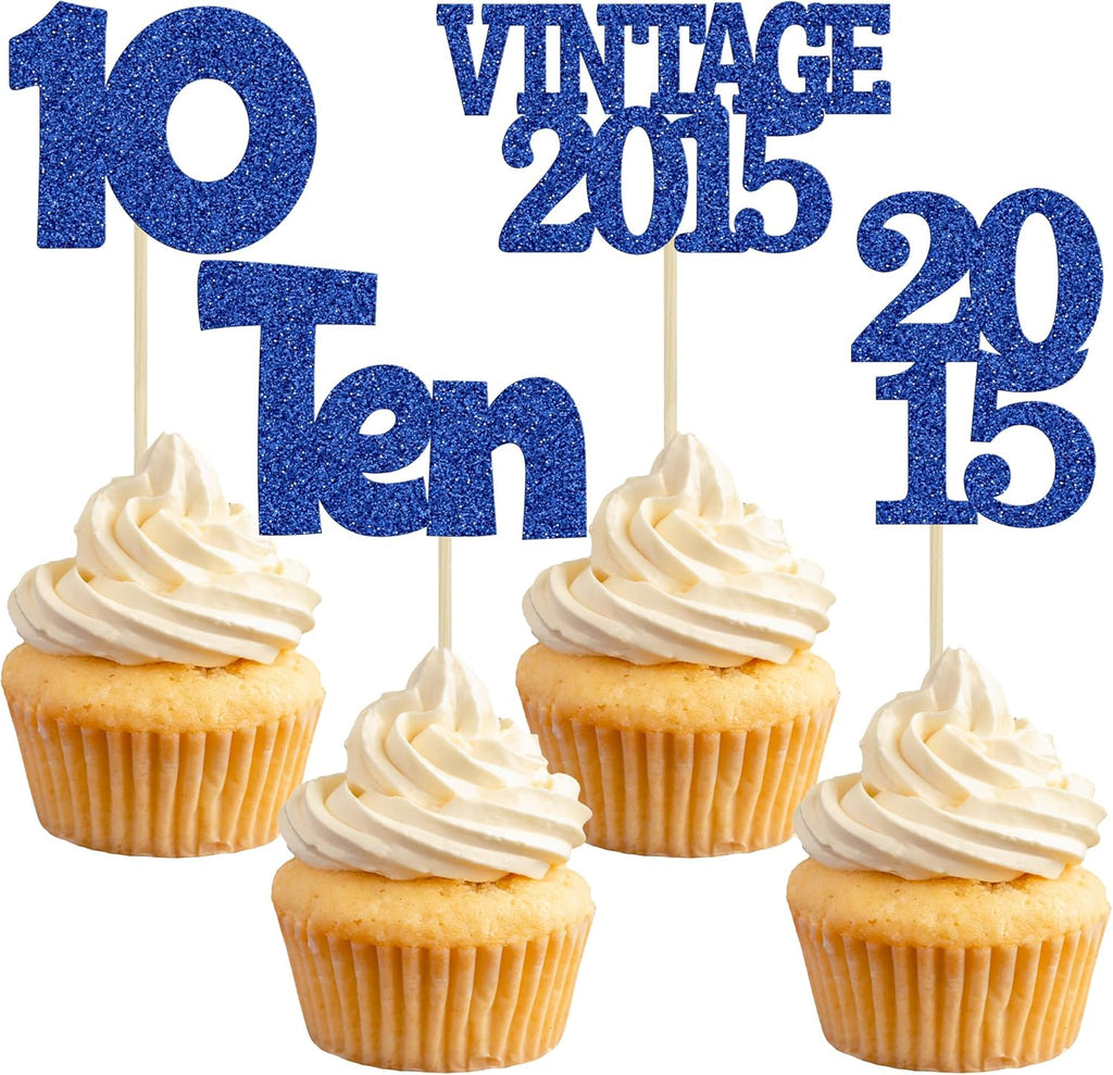 Gyufise 24Pcs 10th Birthday Cupcake Toppers Glitter Ten Vintage 2015 Double Digits 10 Cupcake Picks Birthday Cake Decorations for Happy 10th Birthday Anniversary Party Supplies Deep Blue