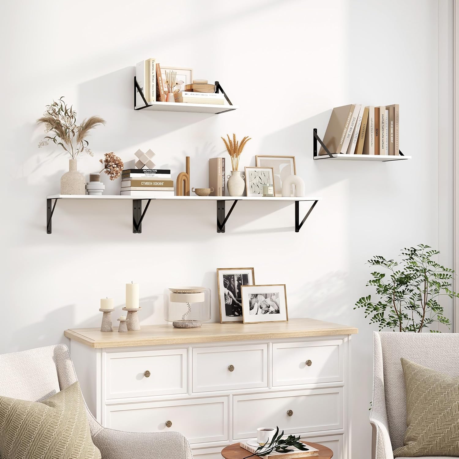 Heimlove White Deep Floating Shelves for Wall, 16W x 8D Wood Wall Shelves Set of 2, Wide Floating Bookshelf for Living Room, Kitchen, Office, Bedroom and Decor Storage, with Black Bracket - White