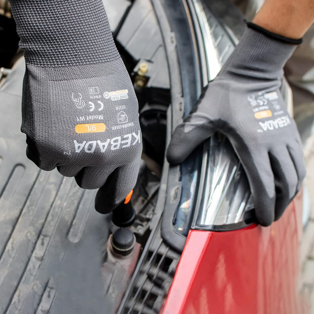 Kebada W1 Work Gloves for Men and Women, PU Coated Safety Gloves with Grip, Touchscreen, Ideal for Warehouse Package Handling, Construction, Gardening, 12 Pairs Gray Medium