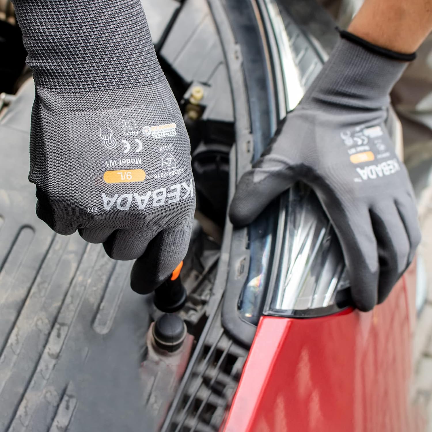 Kebada W1 Work Gloves for Men and Women, PU Coated Safety Gloves with Grip, Touchscreen, Ideal for Warehouse Package Handling, Construction, Gardening, 12 Pairs Gray Large