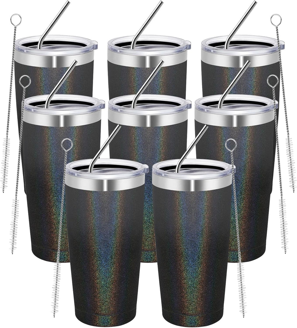 MEWAY 20oz Tumbler 8 Pack Double Wall Vacuum Insulated Travel Glitter Mug Bulk, Stainless Steel Tumblers with Lid and Straw, Powder Coated Coffee Cups for Woman(Gradient Black or Navy,Set of 8)
