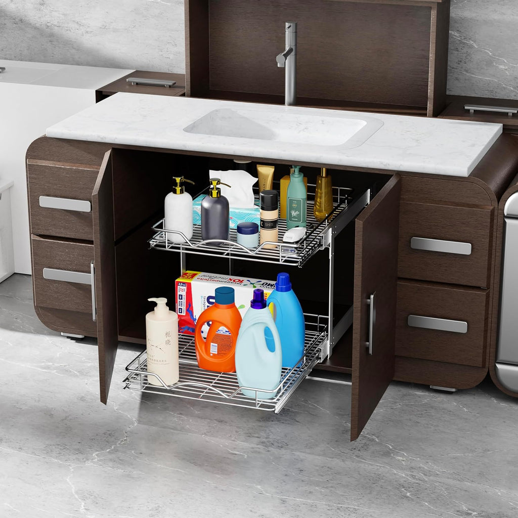 HOLDN’ STORAGE Two Tier Pull Out Cabinet Organizer, Individual Sliding Drawers - Heavy Duty Metal with Lifetime Limited Warranty - Anti Rust Chrome Finish - 8.5" W x 21”D x 16.5" H