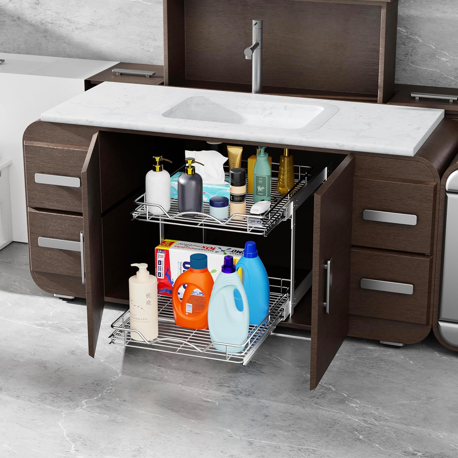 HOLDN’ STORAGE Two Tier Pull Out Cabinet Organizer, Individual Sliding Drawers - Heavy Duty Metal with Lifetime Limited Warranty - Anti Rust Chrome Finish - 24" W x 21”D x 16.5" H