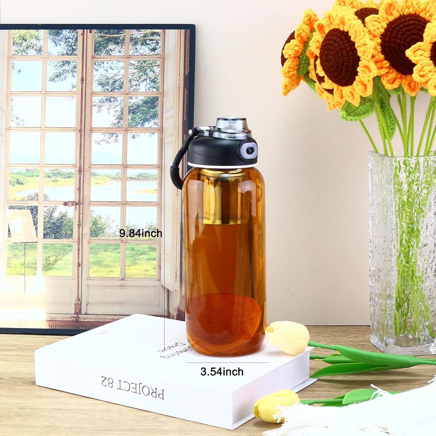 34oz tea bottle with infuser - Large Capacity Glass Water Bottle, With Time Mark, Stainless Steel Tea Strainer,Sleeve, BPA Free,For hot or cold drinks, coffee, tea and water