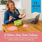 Bentgo Glass All-in-One Salad Container - Large 61-oz Salad Bowl with Lid, 4-Compartment Bento-Style Tray, 3-oz Sauce Container, and Reusable Fork - Dishwasher, Microwave, and Oven Safe (Coral)