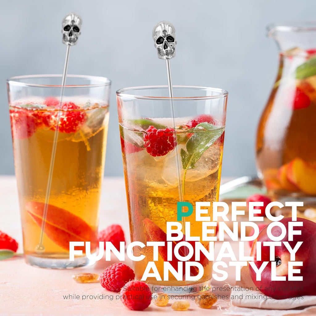 Homestia Coffee Stick Stainless Steel Swizzle Sticks Reusable Metal Stir Sticks Cocktail Coffee Drink Stirrer Spoon Beverage Cocktail Stirrers Stir with Skull Halloween Party (7.5'' Long, Set of 6)