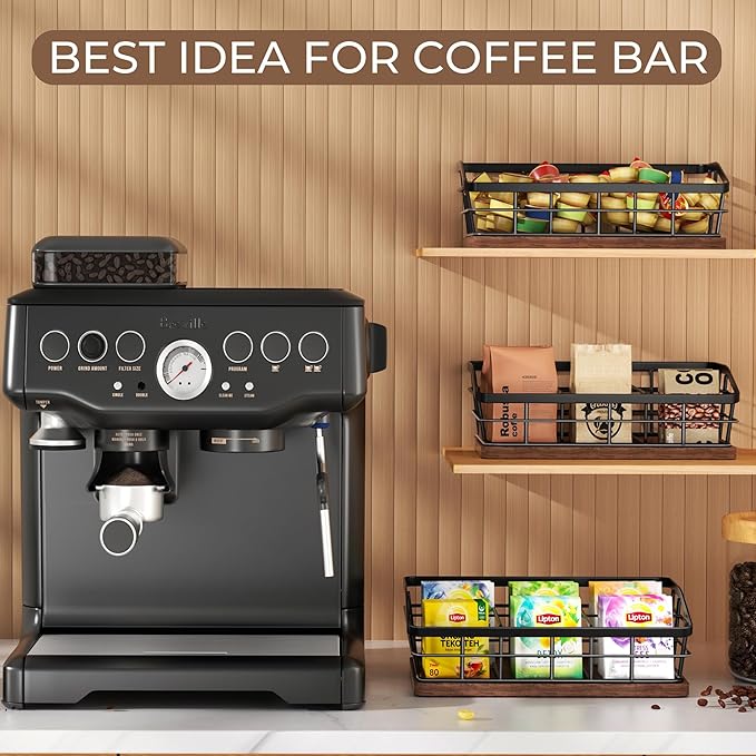 Tea Bag Organizer, Tea Bag Holder Storage with 6 Slots Iron Wire Basket with Wooden Base, Tea Bar Accessories for Countertop Cabinet Drawer, Tea Station for Coffee Capsules Creamer Sweetener Sugar