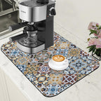Retro Colorful Tiles Dish Drying Mat for Kitchen Counter Floral Coffee Mat Hide Stain Absorbent Drying Rack Pad with Rubber Backed Espresso Machine Coffee Bar Accessories 11.8 x 19.7 Inch