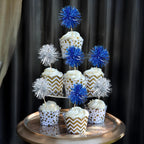 Ephlyn 30Pcs Foil Firework Cupcake Toppers Party Birthday Cake Toppers Supplies Sparkle Tinsel Cocktail Fruit Toothpick for Birthday Wedding Graduation Party Supplies Dark Blue Silver