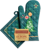 Maison d' Hermine 100% Cotton Oven Mitt & Pot Holder Set (7.5"x13" & 8"x8") Heat Resistant BBQ Cooking Gloves with Loop, Baking, Grilling, Kitchen, Handling Hot Pans (Hygge Christmas)