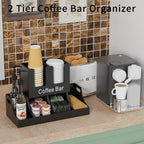 Coffee Station Organizer, Wooden Coffee Bar Organizer for Countertop, Condiment and Cup Storage Organizer, Bar Accessories for Kitchen, Office, Home, Black