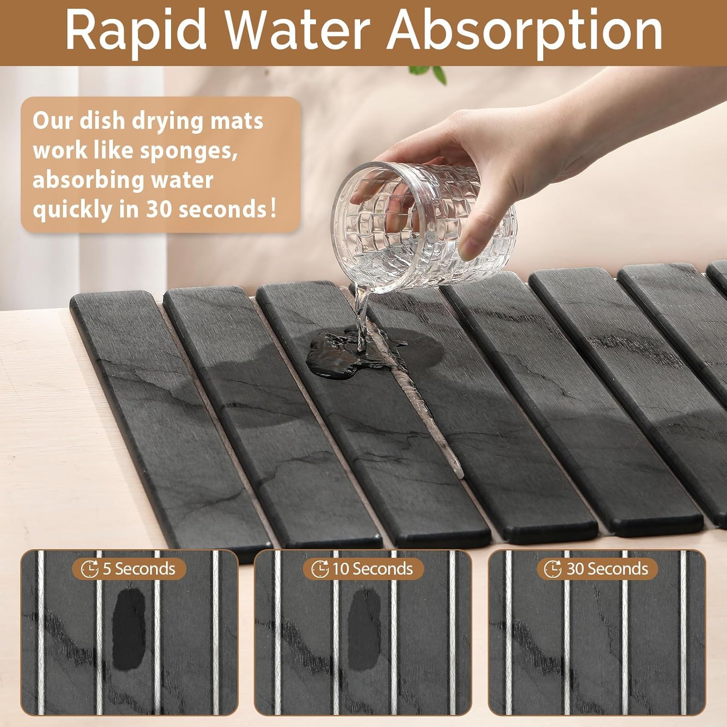 2 PCS Large Stone Dish Drying Mat for Kitchen Counter,Quick Dry Stone Dishes Mats,Marbled Water Absorbing Diatomaceous Earth Drying Pad for Countertop Bottles Utensils Cups（Dark Gray 24"×16" & 8"x4"）