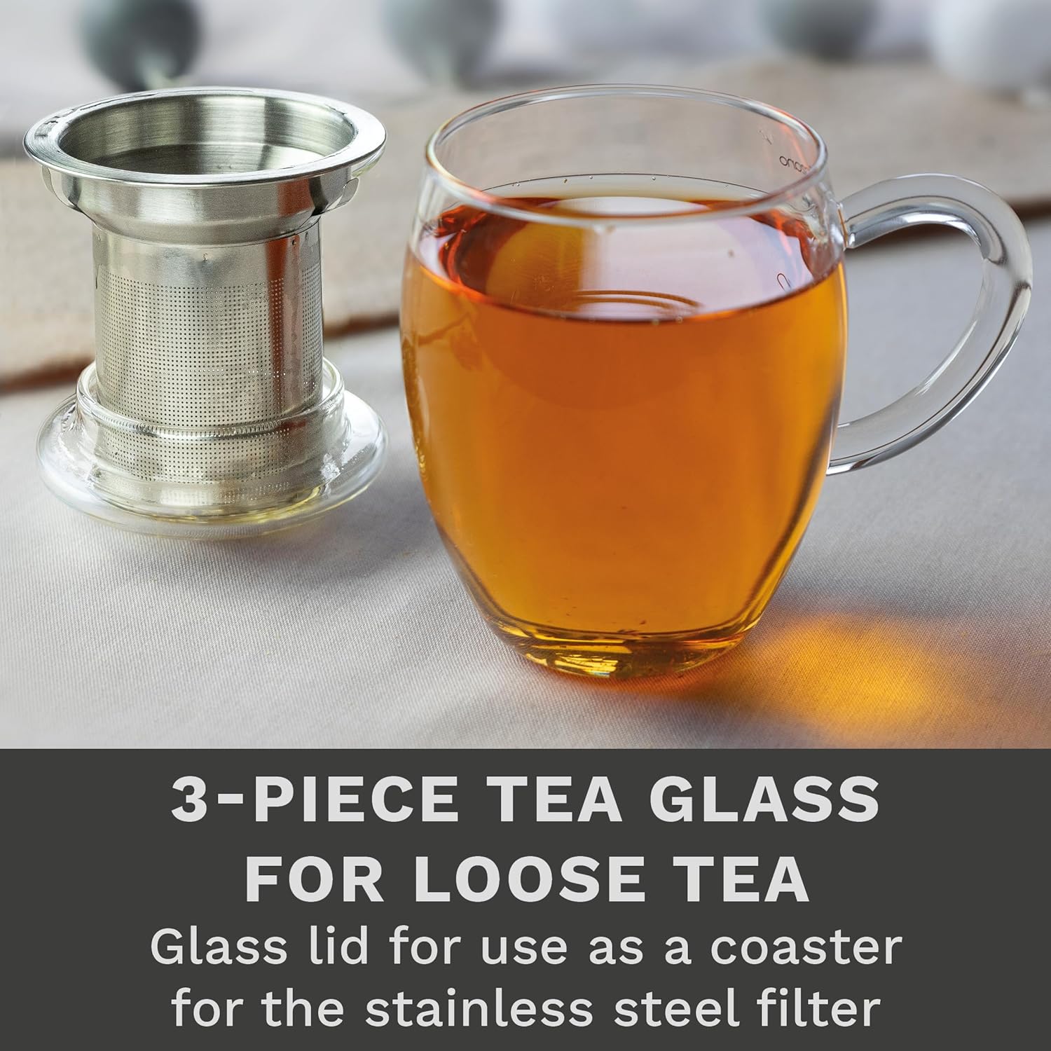 Creano Tea Glass with Stainless Steel Infuser and Glass Lid - 14oz (400ml)