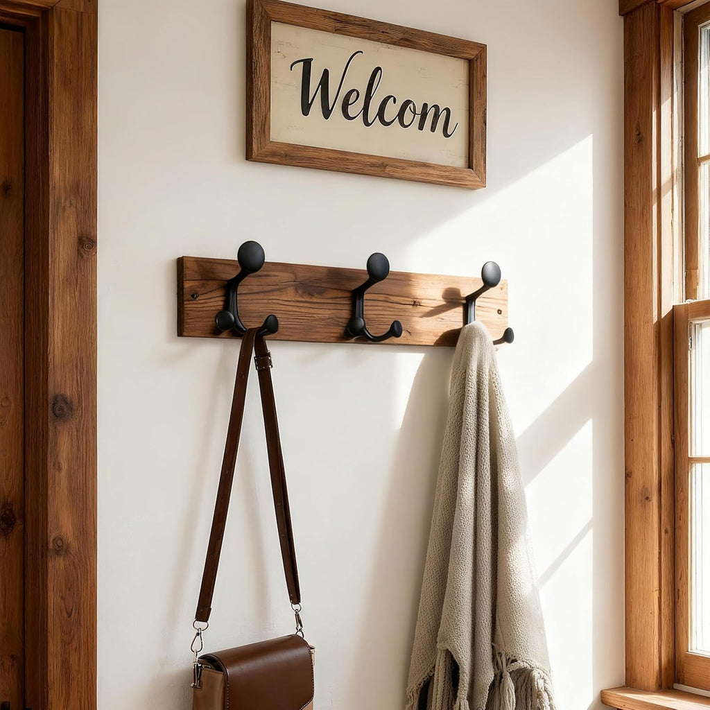 SKOLOO 17-Inch Wood Coat Rack Wall Mount with 3 Triple Hooks - Ideal for Family Entrances, Classrooms, and Pet Supplies Storage - Perfect Coat Hooks for Wall,Charred Golden Brown