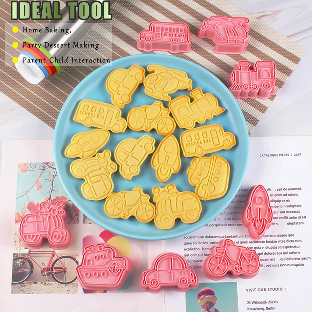 8 Pcs Transportation Vehicle Cookie Cutters Set Baking Molds 3D Transportation Vehicle Press type Cookie Cutter for Baking, Fondant, Cheese, and Pastries