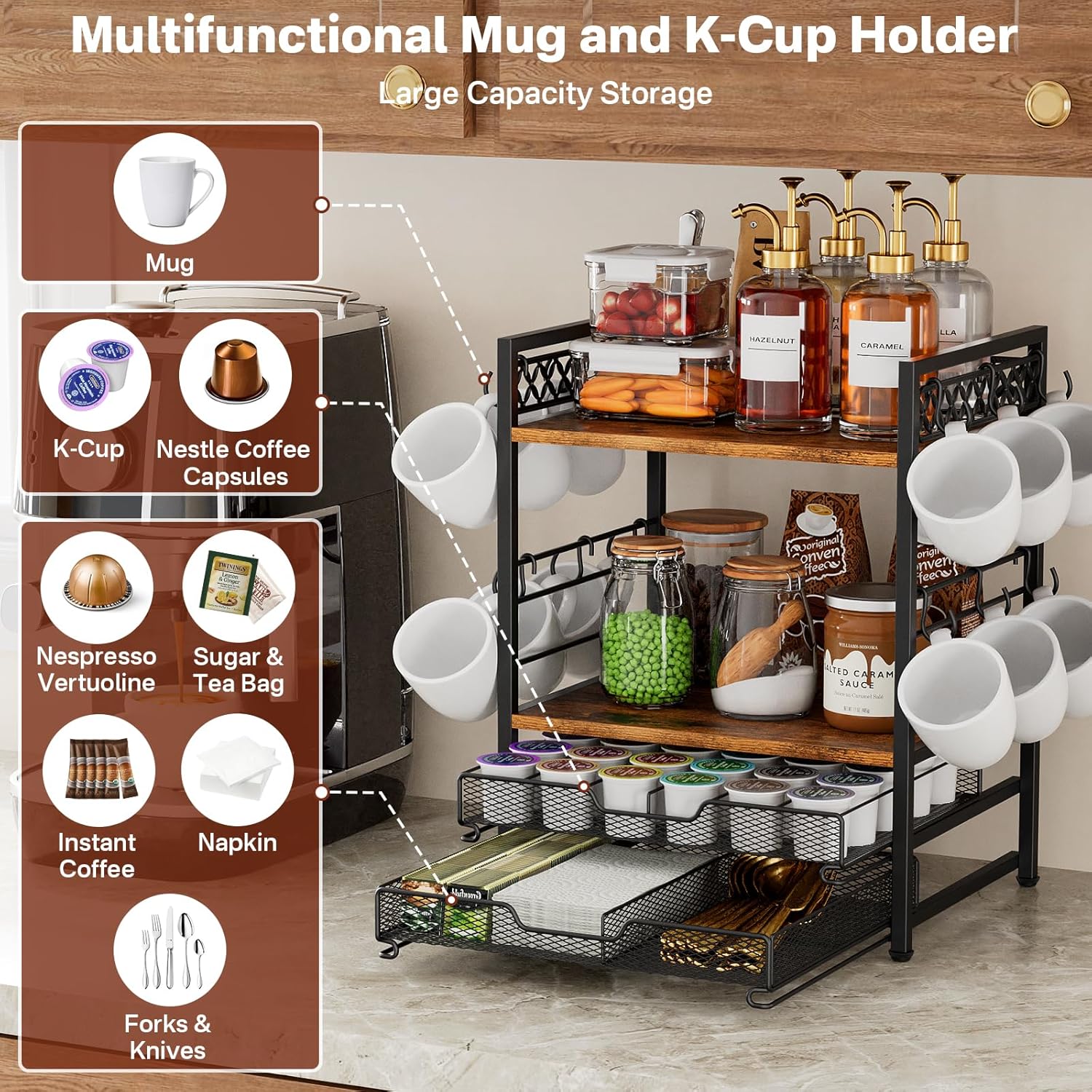 Coffee Bar Organizer Countertop Station Shelf - 4 Tier Mug Holder Stand With 12 Hooks, 30 K Cup Pod Drawer, Multifunctional Shelf for Accessories Kitchen