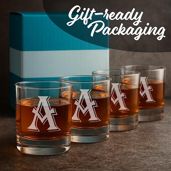 On The Rox Drinks 4 Piece Glass Set Engraved with A-Monogram, 11-Ounce