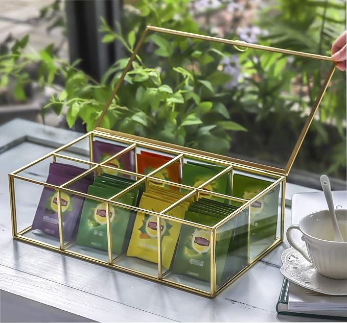 NCYP Glass Tea Bags Organizer with Lid, 8 Compartments Teabag Container, Indoor Counter Top Brass Display Case, 12" x 7.1" x 3.7" Teabag Storage Box, Gold Decor (Glass Box Only)
