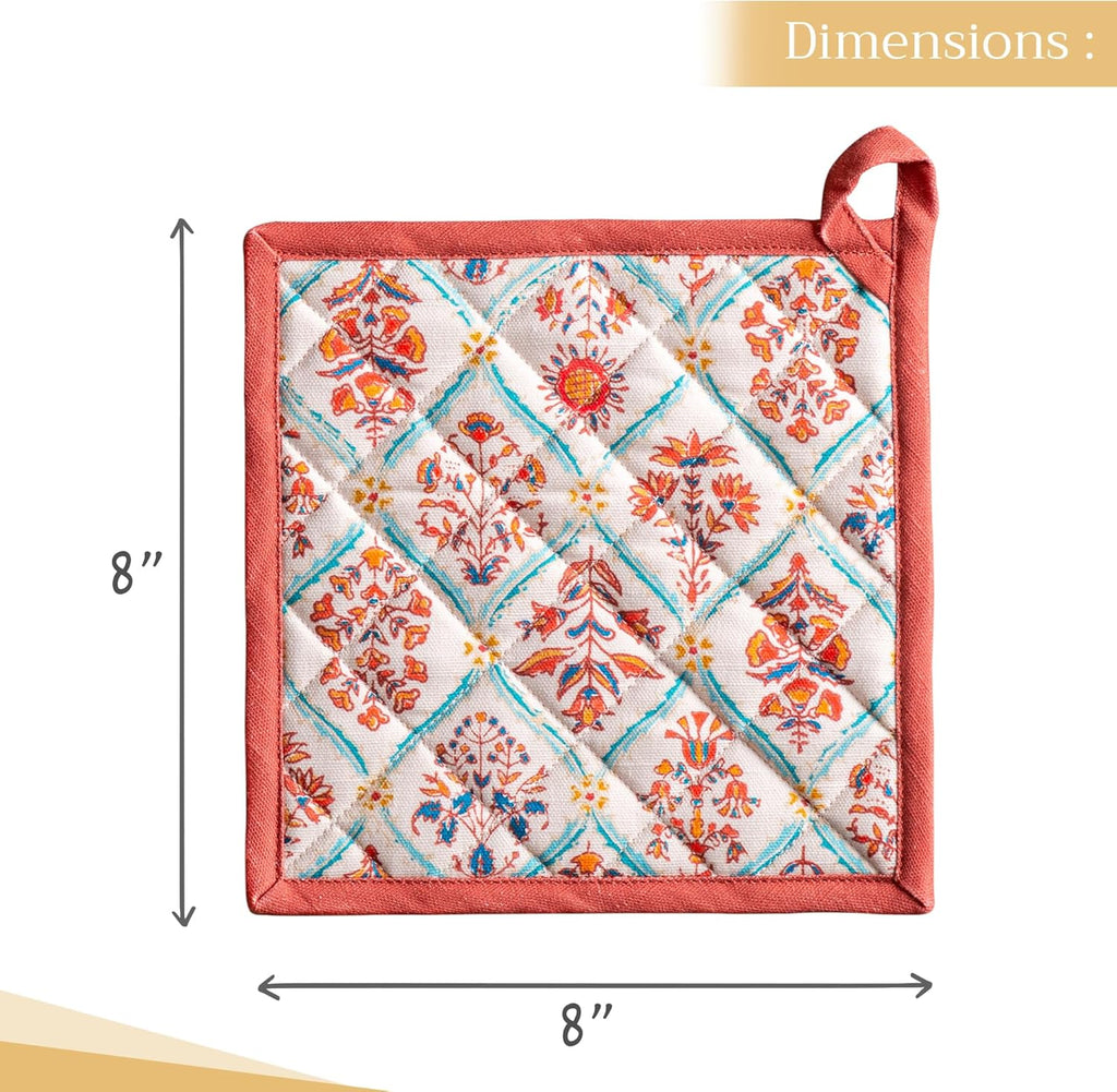 Maison d' Hermine Pot Holders 100% Cotton Heat Resistant Potholders 8" x 8" Hot Pads with Loop BBQ, Cooking, Baking, Grilling, Kitchen, Handling Hot Pans (Pack of 1, Romane)