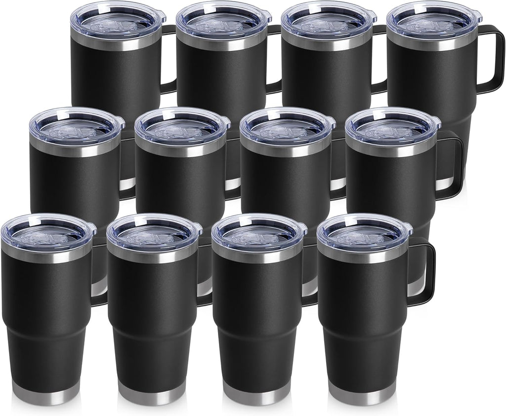 HASLE OUTFITTERS 20oz Tumbler Bulk with Lid, Stainless Steel Tumbler Bulk with Handle, Metal Insulated Travel Coffee Mug Set with Handle, Double Wall Vacuum Leak Proof Tumbler Cup, Black 12 Pack