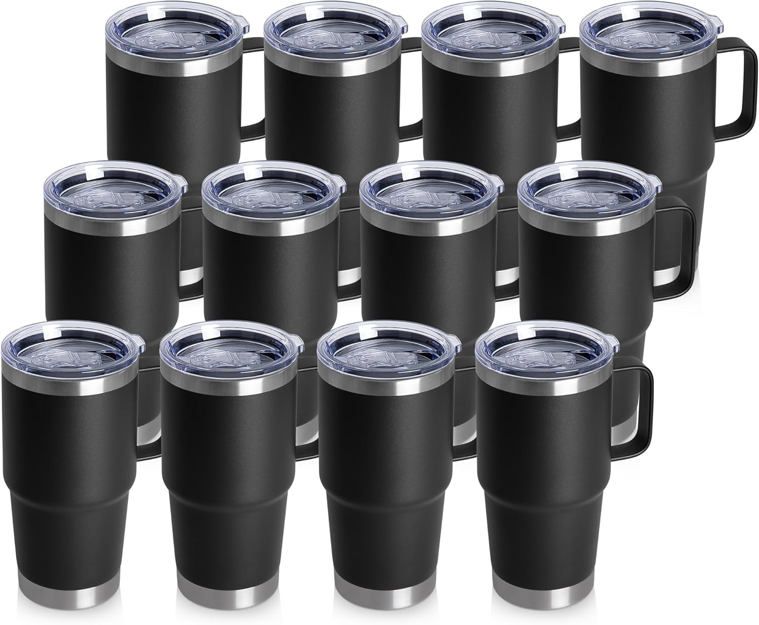 HASLE OUTFITTERS 20oz Tumbler Bulk with Lid, Stainless Steel Tumbler Bulk with Handle, Metal Insulated Travel Coffee Mug Set with Handle, Double Wall Vacuum Leak Proof Tumbler Cup, Black 12 Pack