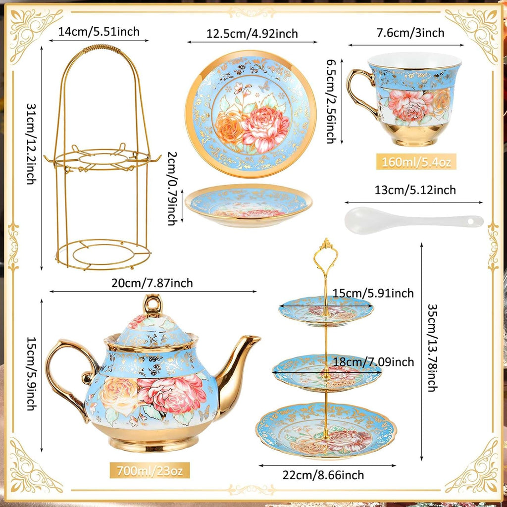 Maxcheck 21 Pcs Tea Party Set for Adults European Floral Tea Set with Metal Holder and 3 Tier Ceramic Cake Stand Porcelain Flower Cup Teapot for Dessert Cupcake(Advanced Style)