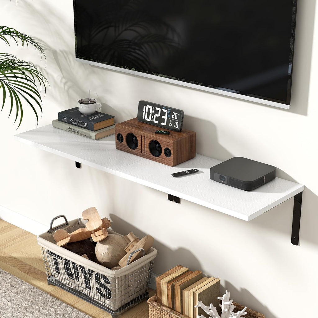 Fun Memories Floating Shelves for Wall, 12 Inch Deep Floating Shelves Set of 2, Wall Mounted Shelf with Metal Brackets, Rustic Wood Wide Shelf for Bathroom, Kitchen and Living Room, White, 24W x 12D