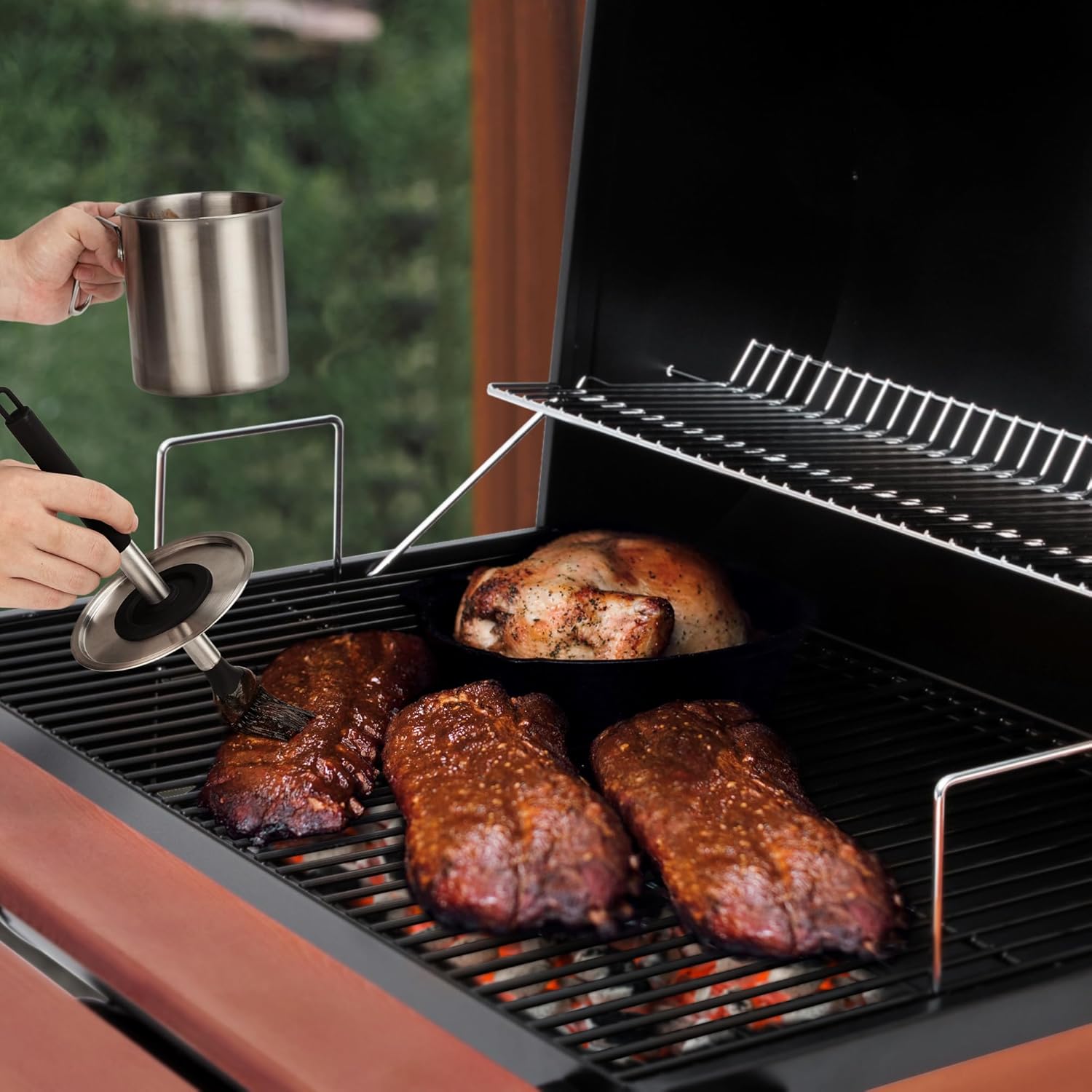 Geesta Adjustable Sauce Pot and Basting Brush Set, Long Stainless Steel Basting Brush for Cooking, Smoking, Fathers Day Grilling Gifts for Men Smoker Accessories, Large Capacity Grilling Tools, 1 Pack