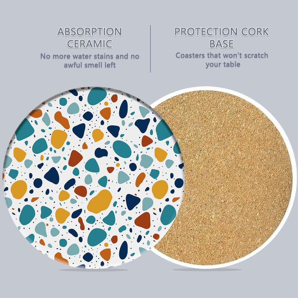 6 Pcs Coasters for Drinks with Holder, Terrazzo Marble Absorbent Ceramic Coasters with Cork Base,Cute Funny Table Drinks Coasters Tabletop Protection Mat,Table Home Decor,4 Inches