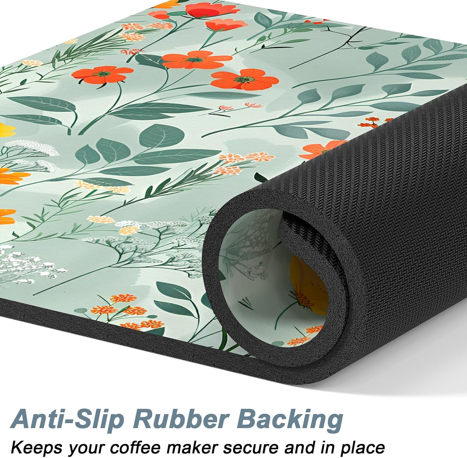 Rnivvi Coffee Mat, 12" x 19" Cute Coffee Bar Mats for Espresso Machine Station Accessories and Organizer, Hide Stain Rubber Backed Absorbent Dish Drying Pad for Kitchen Counter, Abstract Flowers