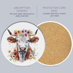 6 Pcs Coasters for Drinks with Holder, Highland Cows Flowers Absorbent Ceramic Coasters with Cork Base,Cute Funny Table Drinks Coasters Tabletop Protection Mat,Table Home Decor,4 Inches