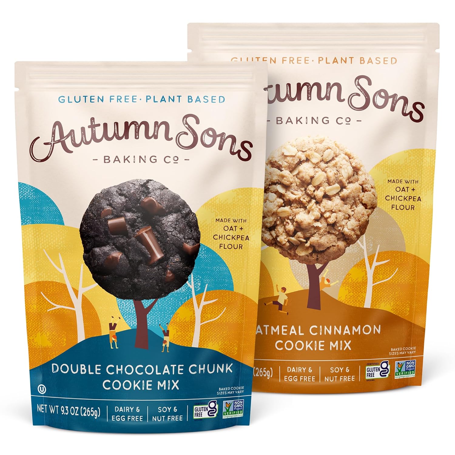 Autumn Sons Baking Co. Gluten Free Double Chocolate Chunk & Oatmeal Cinnamon Cookie Mix Combo Pack. Vegan Plant Based Baking Mix. Free From 11 Common Allergens. 9.3 oz (Pack of 2)