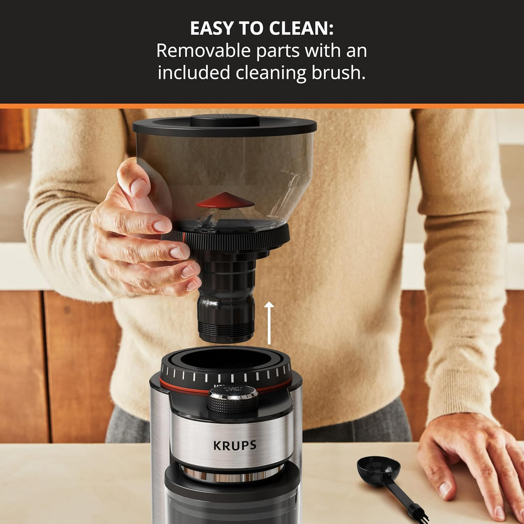 KRUPS Burr Coffee Grinder, 18 Adjustable Grind Settings, 2-20 Cups per Grind, Sinlge Touch, Spice and Coffee Bean Grinder, Stainless Steel, Black