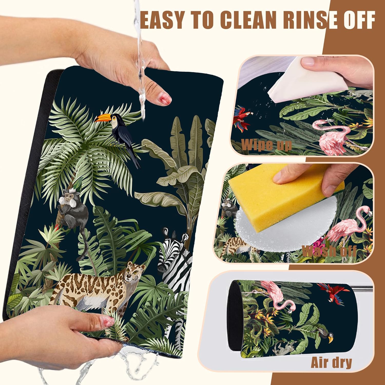 Jungle Animals Coffee Mat Tropical Dish Drying Mat for Kitchen Counter Absorbent Hide Stain Rubber Backed Coffee Bar Accessories Fit Under Espresso Machine Cafe Table, 15.7 x 23.6 Inch