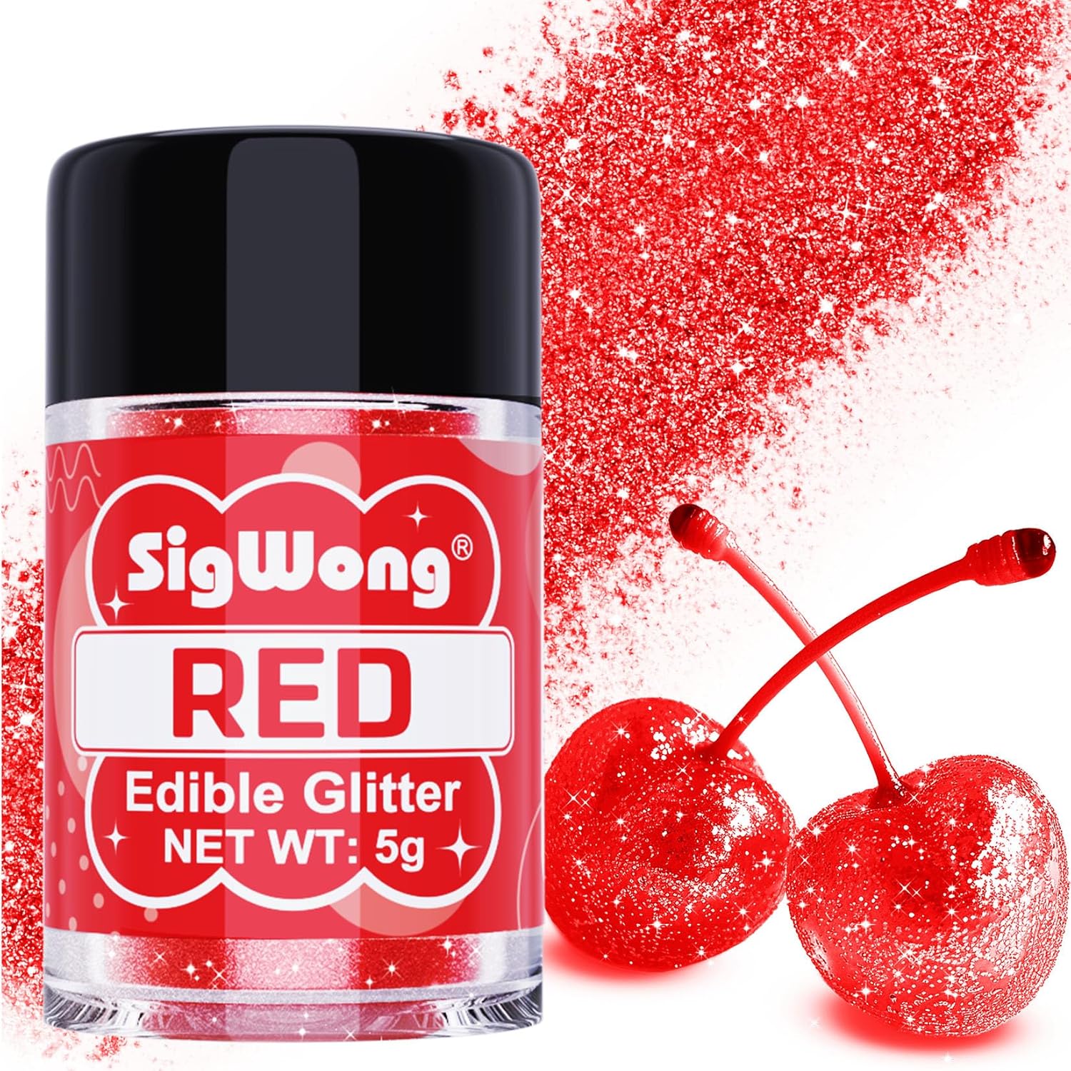 Red Edible Glitter - 5g Food Grade Cake Decorating Shimmering Glitter, Edible Sprinkle Luster Dust for Drinks, Chocolates, Fondant, Strawberries, Cupcakes, Candy, Cookie - Vegan