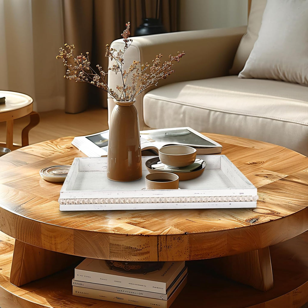 MAONAME Wood Serving Tray, Farmhouse Wooden Tray for Coffee Table, Rustic Rectangle Trays with Beads, Vintage White Decorative Trays for Living Room, Kitchen, 15.7" X 11.8" X 1.57"