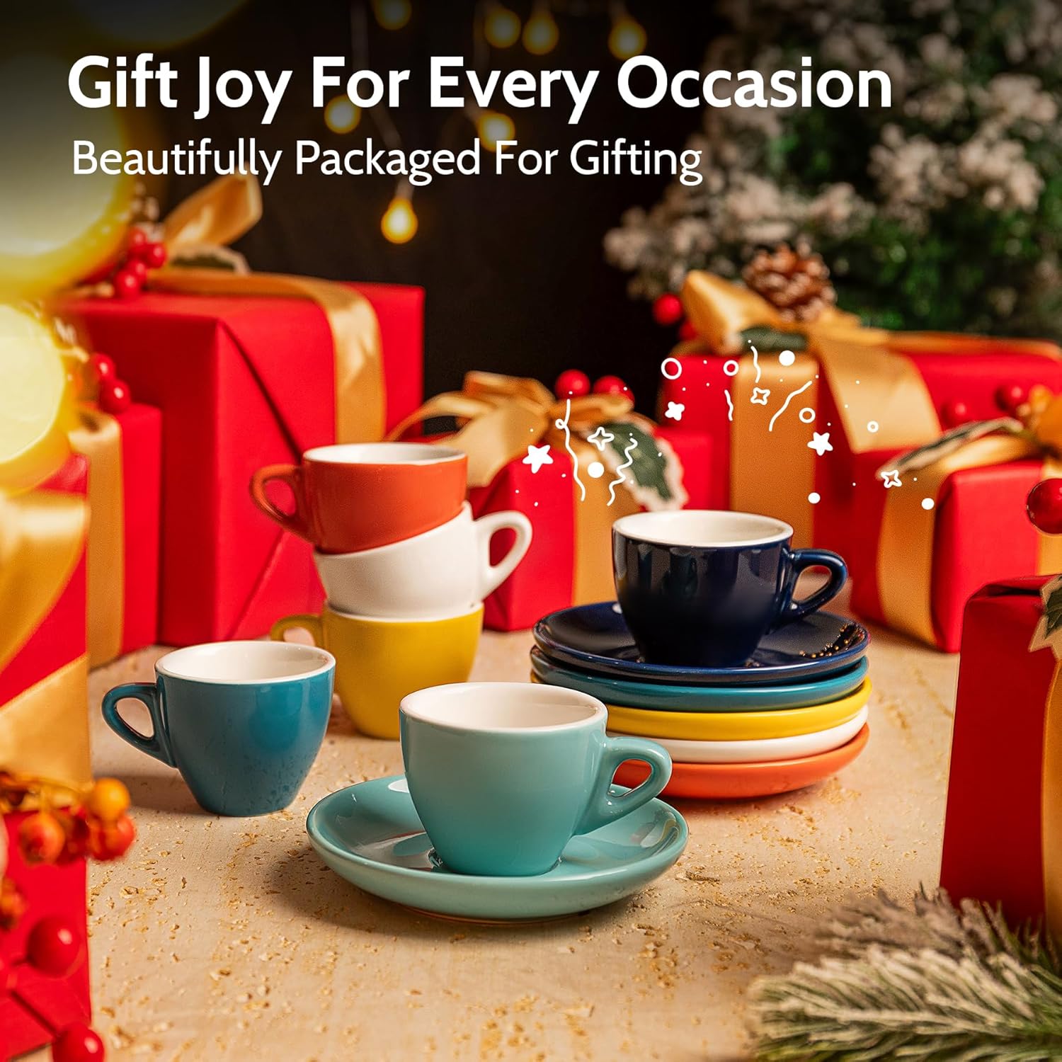 Sweese Espresso Cups with Saucers, 4 Ounce Demitasse Cups, Perfect for Single or Double Espresso, Cappuccino, Latte and Tea - Set of 6, Multicolor, Hot Assorted Colors